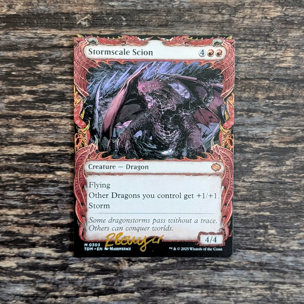 Trading card featuring a dragon on a wooden surface