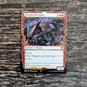 Trading card featuring a dragon on a wooden surface